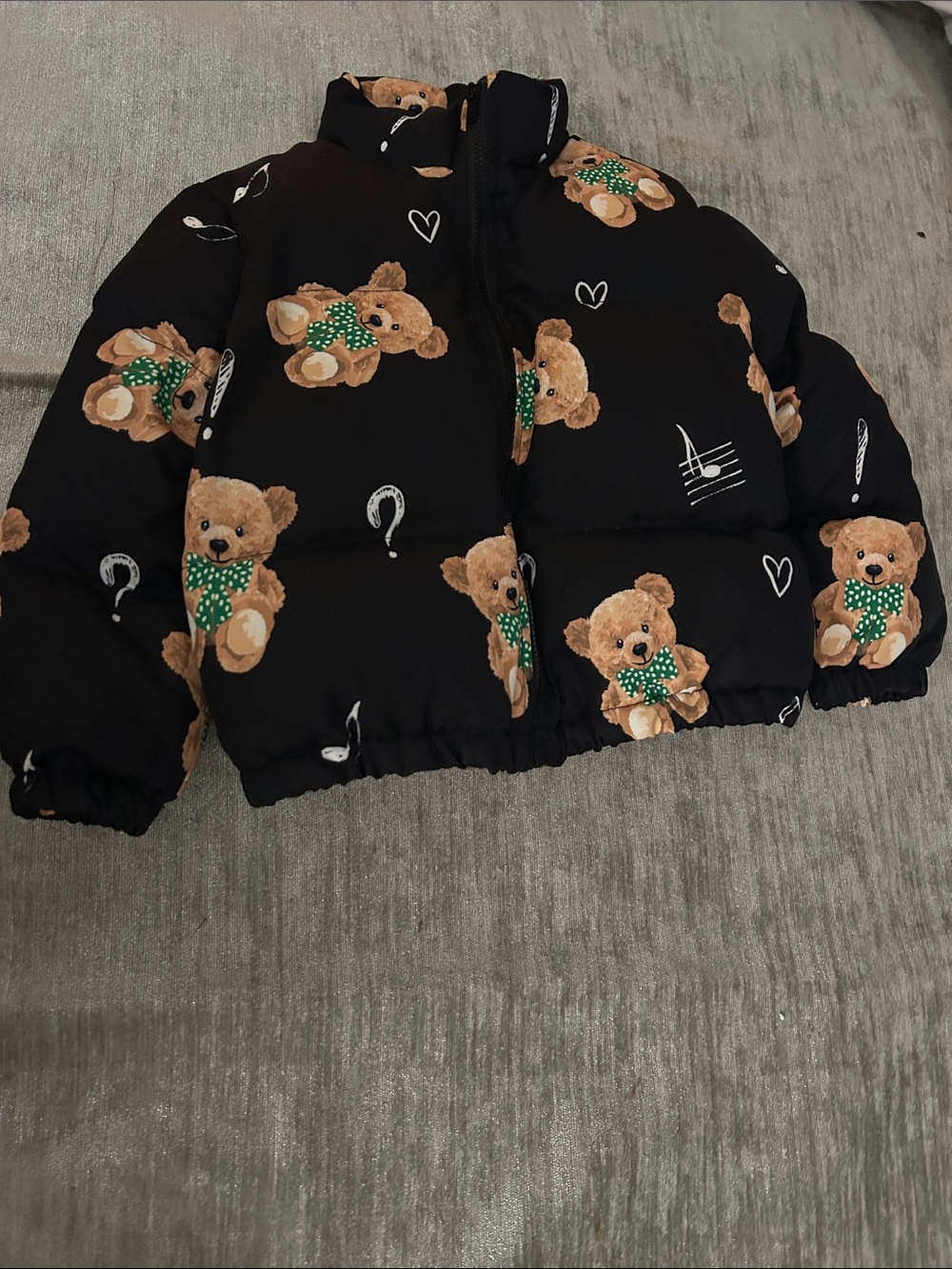 Black Teddy Bear Print Puffer Jacket